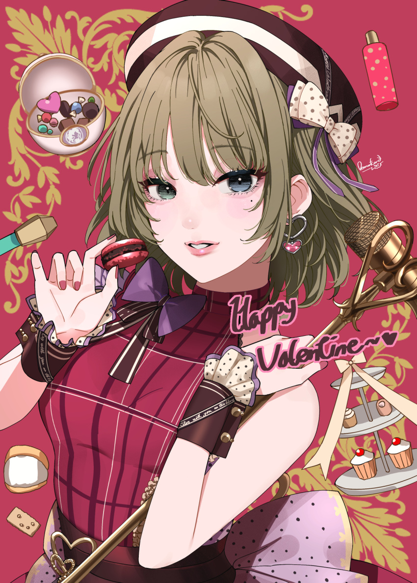 1girl beret blue_eyes bob_cut chocolate food green_eyes green_hair hair_intakes happy_valentine hat highres holding holding_food holding_microphone idolmaster idolmaster_cinderella_girls looking_at_viewer macaron maou_(demonlord) microphone microphone_stand mole mole_under_eye nail_polish open_mouth parted_lips plaid plaid_shirt shirt short_hair solo takagaki_kaede tea_set tiered_tray wrist_cuffs
