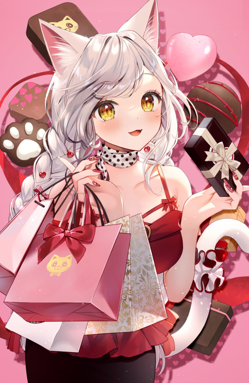 1girl :d animal_ear_fluff animal_ears bag bangs bare_shoulders black_skirt box braid breasts brown_eyes camisole cat_ears cat_girl cat_tail chocolate collarbone eyebrows_visible_through_hair fangs fingernails gift gift_box heart heart_background highres holding holding_bag holding_gift long_fingernails long_hair looking_at_viewer medium_breasts momoshiki_tsubaki nail_polish original paper_bag pink_background red_camisole red_nails silver_hair skirt smile solo tail tail_raised twin_braids valentine very_long_hair