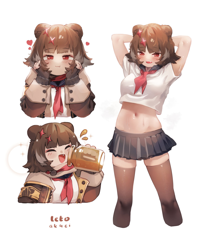1girl :d ak4ci animal_ears arknights arms_behind_back arms_up artist_name bear_ears black_legwear black_skirt blush blush_stickers breasts brown_hair brown_jacket character_name closed_eyes crop_top cropped_torso drinking fang hands_on_own_cheeks hands_on_own_face heart highres holding jacket jar leto_(arknights) long_sleeves looking_at_viewer medium_breasts midriff miniskirt multiple_views navel neckerchief open_clothes open_jacket pleated_skirt red_eyes red_neckerchief school_uniform serafuku shirt short_hair short_sleeves simple_background skirt smile sparkle stomach sweat thigh-highs white_background white_shirt zettai_ryouiki