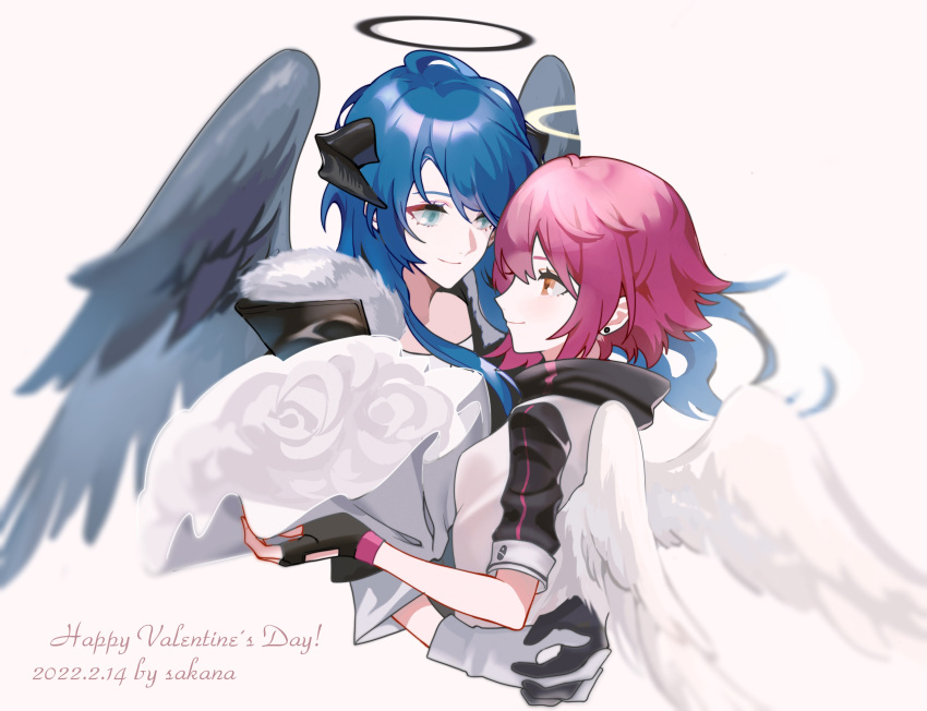 2girls absurdres aqua_eyes arknights arm_behind_back black_gloves black_jacket black_wings blue_hair bouquet breasts brown_eyes chinese_commentary closed_mouth cropped_torso earrings exusiai_(arknights) eye_contact feathered_wings fingerless_gloves fur-trimmed_jacket fur_trim gloves halo highres holding holding_bouquet holding_hands horns jacket jewelry looking_at_another mie_xing mostima_(arknights) multiple_girls purple_hair shirt short_hair short_sleeves simple_background small_breasts smile stud_earrings upper_body white_background white_gloves white_jacket white_shirt white_wings wings yuri