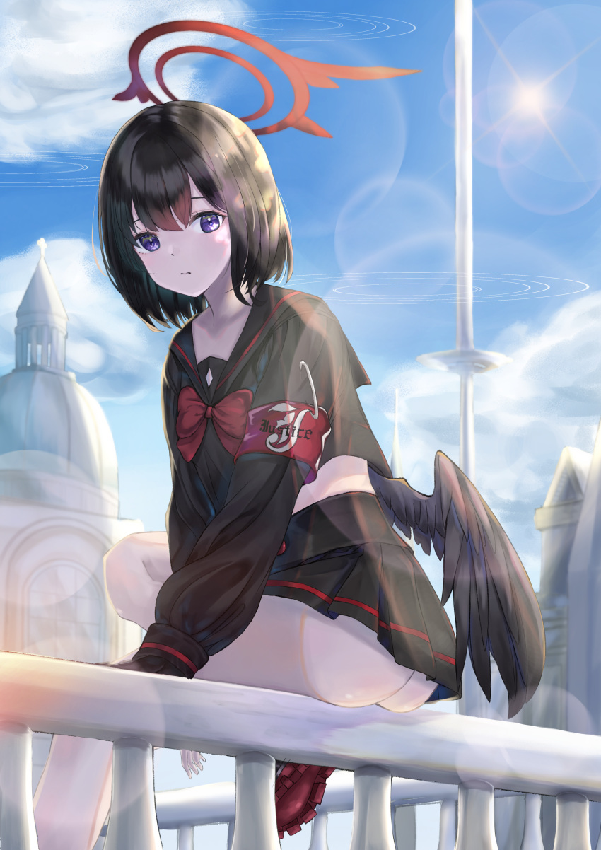 1girl absurdres armband ass black_hair black_sailor_collar black_serafuku black_skirt black_wings blue_archive bow bowtie closed_mouth clouds cloudy_sky crop_top feathered_wings halo high-waist_skirt highres lens_flare lens_flare_abuse long_sleeves looking_at_viewer low_wings mashiro_(blue_archive) miniskirt no_panties pleated_skirt railing red_bow red_bowtie safety_pin sailor_collar school_uniform serafuku short_hair sitting_on_railing skirt sky solo sun violet_eyes wings yuryou_jime