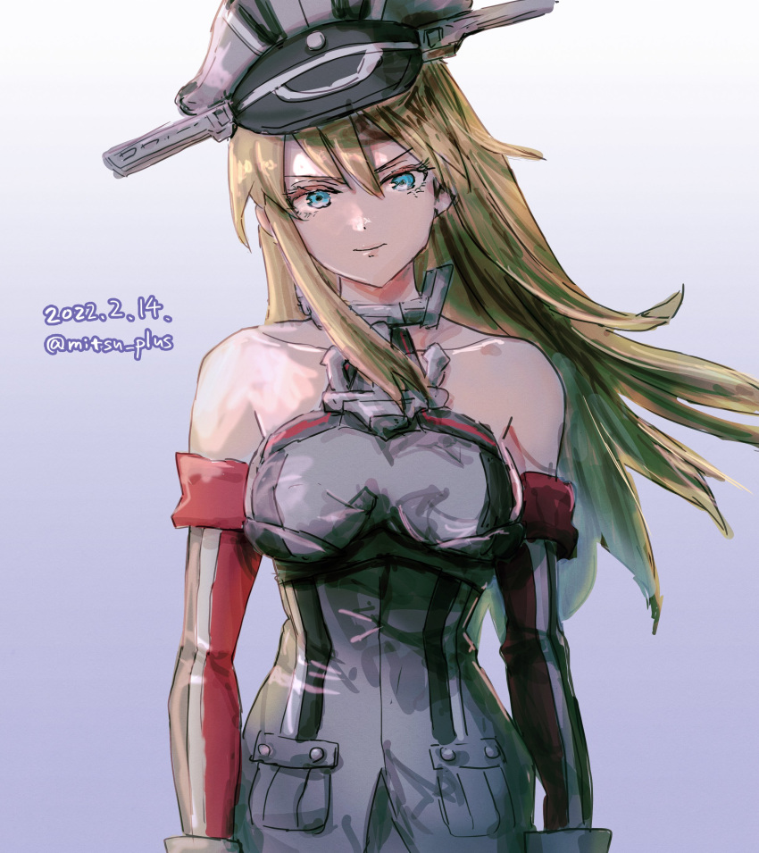 1girl absurdres anchor anchor_hair_ornament bare_shoulders bismarck_(kancolle) blonde_hair blue_background blue_eyes breasts cowboy_shot dated detached_sleeves gradient gradient_background hair_ornament hat highres kantai_collection large_breasts long_hair looking_at_viewer military military_hat military_uniform mitsu_plus one-hour_drawing_challenge peaked_cap twitter_username uniform