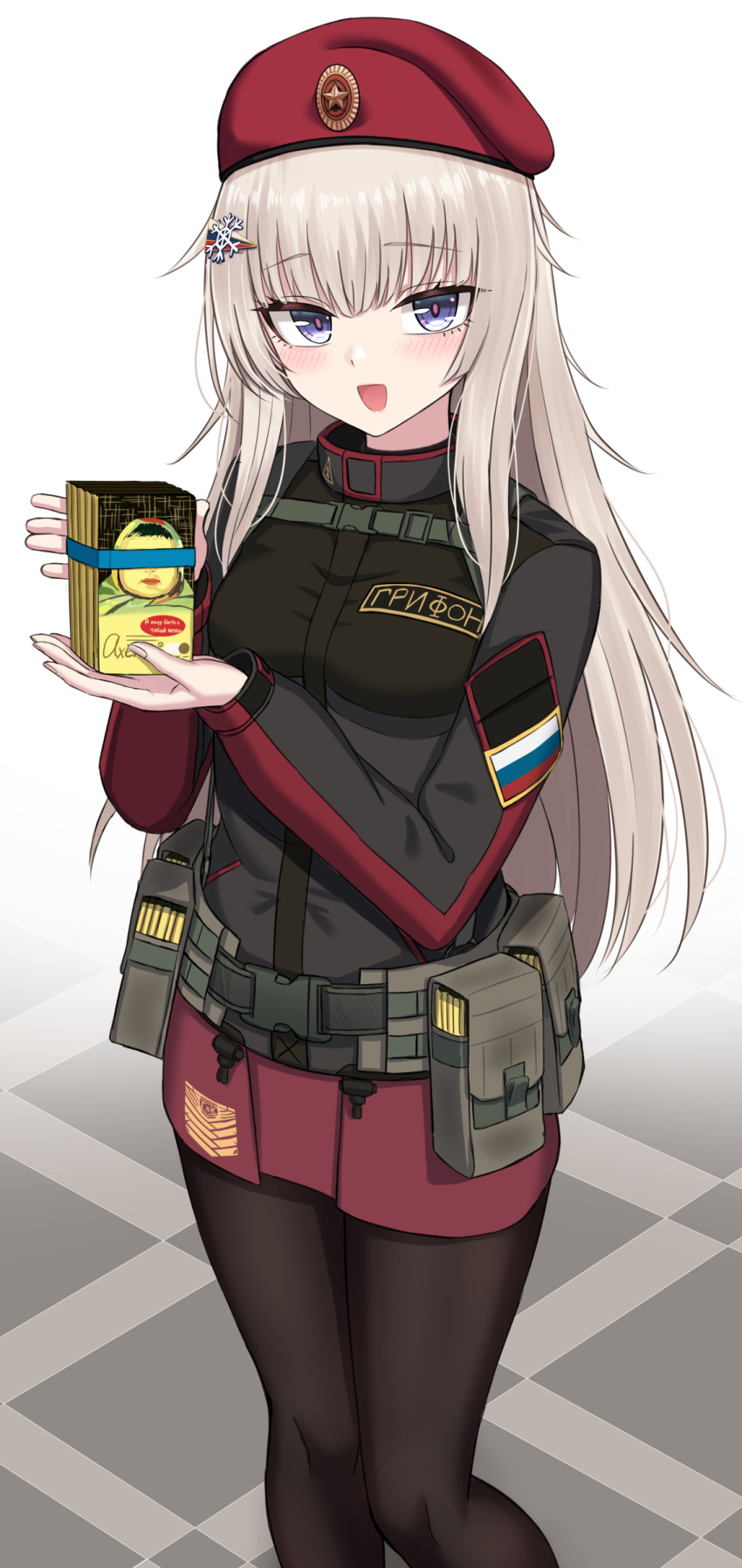 1girl absurdres ak74m_(girls'_frontline) bangs beret black_jacket black_legwear blue_eyes blush candy chocolate chocolate_bar eyebrows_visible_through_hair feet_out_of_frame food girls_frontline hair_ornament hat highres holding jacket light_brown_hair long_sleeves looking_at_viewer open_mouth pantyhose red_headwear red_skirt russian_flag skirt snowflake_hair_ornament solo yakob_labo