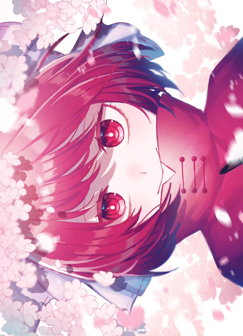 1girl :&gt; backlighting bangs bloom blue_bow blush bow bright_pupils cherry_blossoms cloak closed_mouth exif_rotation expressionless eyebrows_behind_hair face flower hair_bow high_collar highres looking_at_viewer motion_blur nose_blush pink_flower portrait red_cloak red_eyes redhead sekibanki short_hair simple_background solo swept_bangs toraneko_2 touhou white_background white_pupils