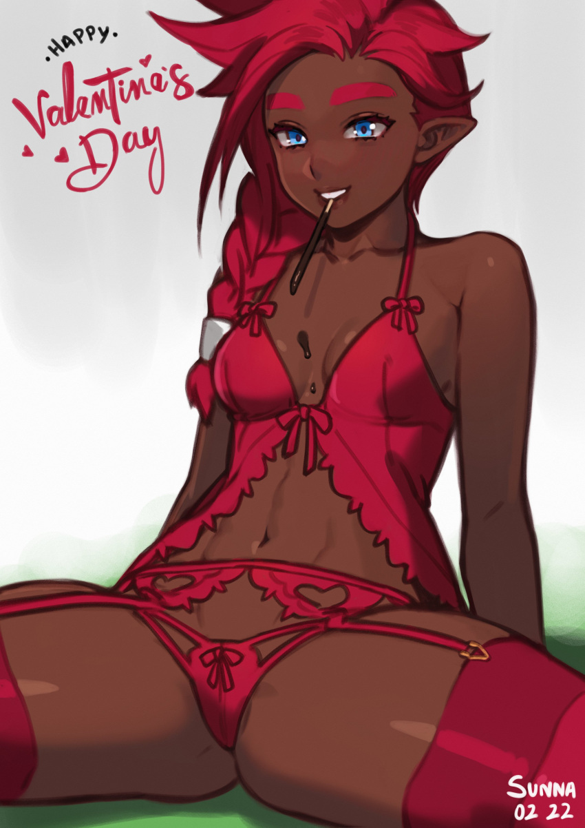 1girl absurdres artist_name bare_arms bare_shoulders blue_eyes braid breasts chocolate_on_breasts collarbone commentary dark-skinned_female dark_skin english_commentary food grey_background hair_over_shoulder happy_valentine highres lingerie long_hair looking_at_viewer navel original panties parted_lips pocky pointy_ears red_garter_belt red_legwear red_panties redhead simple_background sitting small_breasts smile solo spread_legs sunna_(nilsunna) thick_eyebrows thigh-highs toned underwear valentine