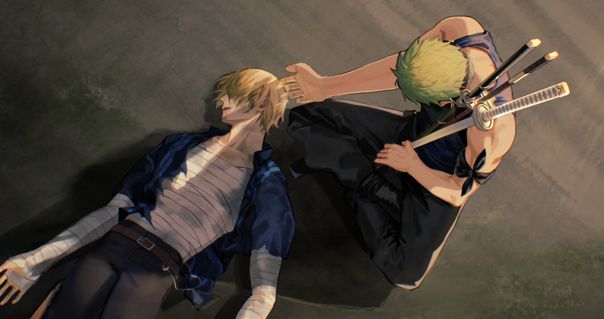 2boys bandages blonde_hair from_above green_hair highres kotomine_(a1569) lying male_focus multiple_boys on_back one_piece open_clothes open_shirt roronoa_zoro sanji sheath sheathed short_sleeves sitting sleeveless sword weapon