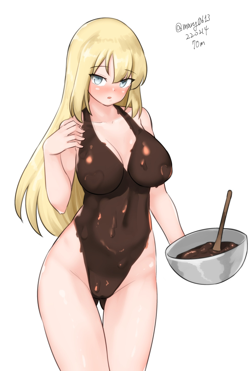 1girl absurdres bismarck_(kancolle) blonde_hair blue_eyes bodypaint bowl breasts brown_swimsuit chocolate chocolate_on_body cowboy_shot dated food_on_body highres kantai_collection large_breasts looking_at_viewer maru_(marg0613) naked_chocolate nude one-hour_drawing_challenge simple_background solo standing swimsuit twitter_username white_background