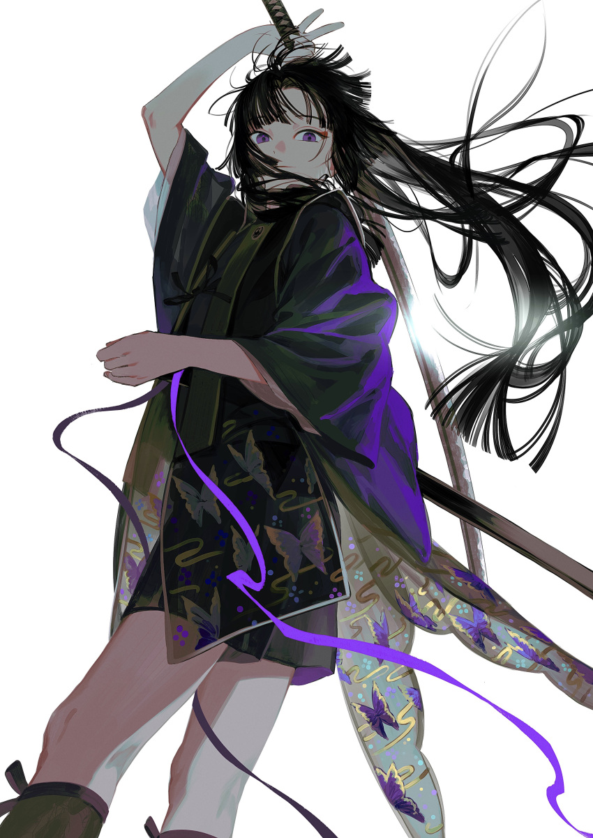 1boy absurdres animal_print arm_up bangs between_legs black_hair black_legwear black_shorts blunt_bangs blunt_ends butterfly_print commentary feet_out_of_frame from_below from_side hair_over_mouth highres holding holding_sword holding_weapon japanese_clothes katana kazari_tayu kneehighs light_particles long_hair long_sleeves looking_at_viewer looking_down male_focus original ponytail purple_ribbon ribbon scabbard see-through sheath shorts sidelocks simple_background solo standing straight_hair sword unsheathed very_long_hair violet_eyes weapon white_background