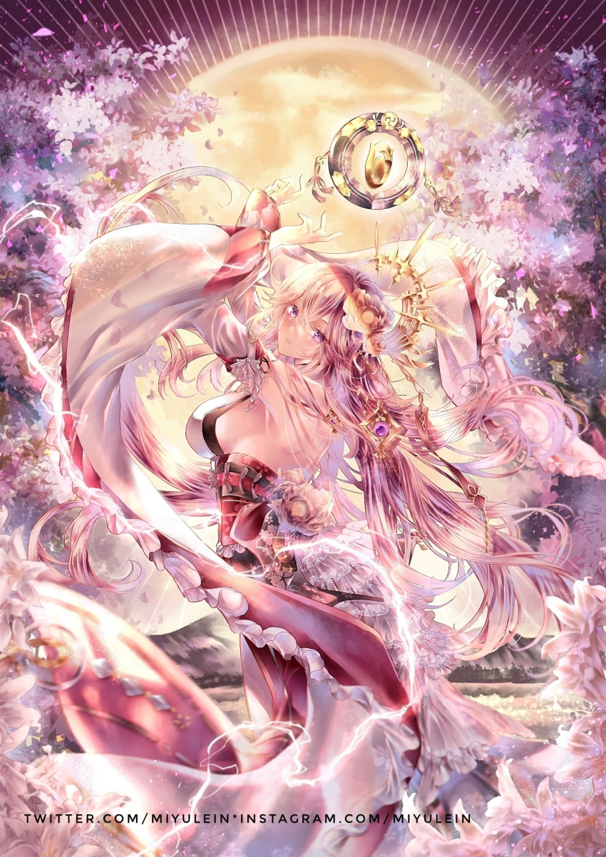 1girl armpits back breasts flower genshin_impact hair_ornament hand_up highres japanese_clothes kimono large_breasts lightning long_hair looking_at_viewer md5_mismatch miyu moon pink_hair red_eyes sky smile solo wide_sleeves yae_miko