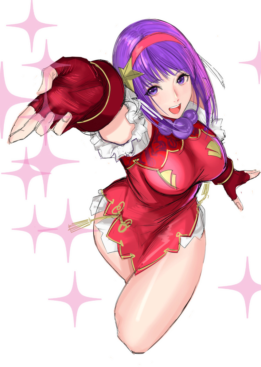 1girl asamiya_athena breasts china_dress chinese_clothes dress eyebrows_visible_through_hair fingerless_gloves gloves hair_ornament highres large_breasts looking_at_viewer purple_hair red_dress red_gloves short_hair simple_background smile sparkle tetsu_(kimuchi) the_king_of_fighters the_king_of_fighters_xv violet_eyes white_background