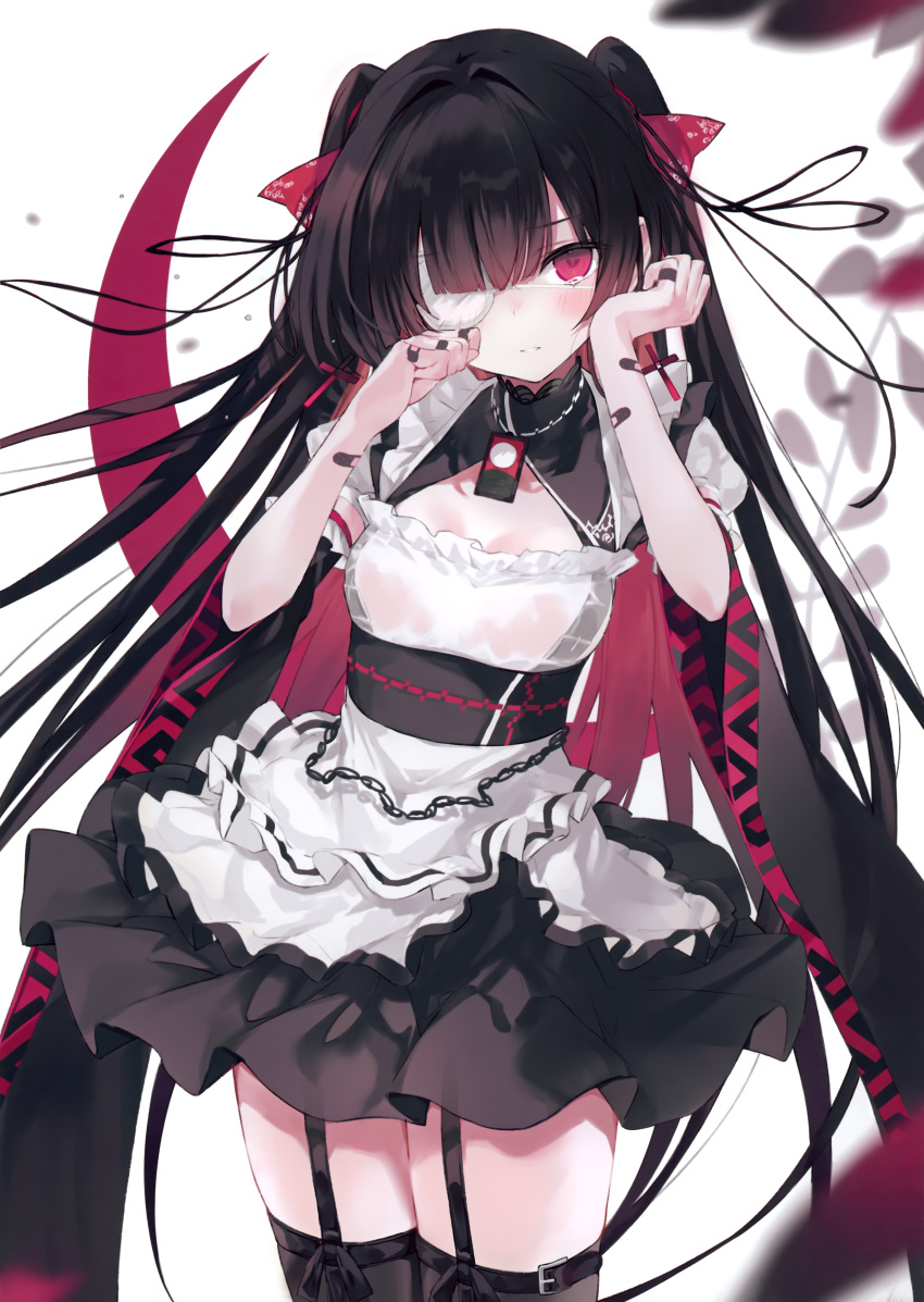 1girl absurdres armband bandaid bandaid_on_hand bangs black_hair black_legwear blunt_bangs blush breasts collar cowboy_shot crying detached_collar dress eyebrows_visible_through_hair eyepatch frilled_armband frilled_collar frilled_dress frills garter_belt hair_between_eyes hair_intakes hair_ribbon highres long_hair looking_at_viewer medium_breasts multicolored_clothes multicolored_dress multicolored_hair nanananana original pink_eyes pink_hair pink_ribbon pleated_skirt ribbon simple_background skirt solo standing tears teeth thigh-highs thighs twintails very_long_hair white_background