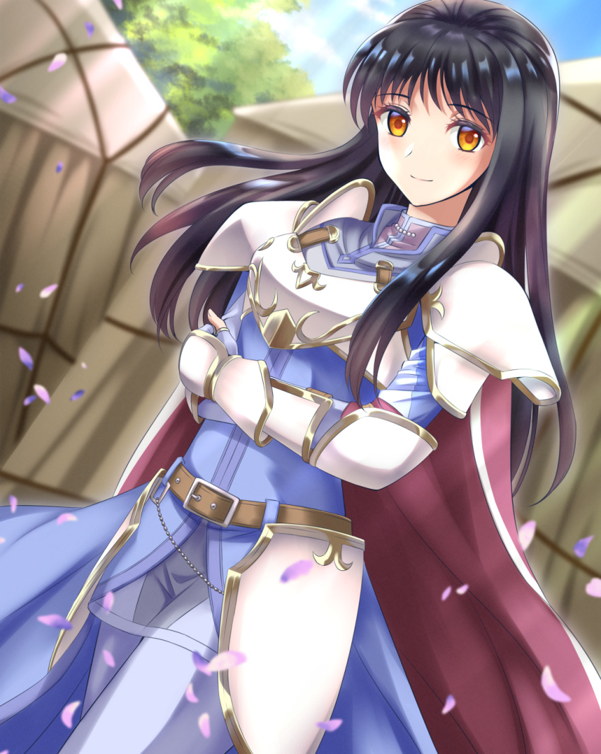 1girl armor astrid_(fire_emblem) black_hair blue_coat blue_gloves breastplate cape closed_mouth coat cowboy_shot crossed_arms day dutch_angle faulds fingerless_gloves fire_emblem fire_emblem:_radiant_dawn floating_hair gloves highres kakiko210 long_hair looking_at_viewer outdoors pants petals red_cape shiny shiny_hair shoulder_armor smile solo standing straight_hair tent waist_cape white_pants yellow_eyes