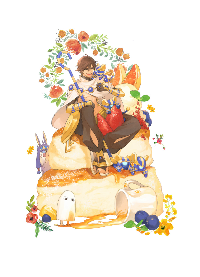 1boy 1girl ahoge animal_ears brown_hair cake dark-skinned_male dark_skin earrings egyptian_clothes facial_mark fate/grand_order fate_(series) flower food fruit gloves hairband highres jackal_ears jewelry long_hair medjed_(fate) nitocris_(fate) open_mouth orange_(fruit) ozymandias_(fate) pet purple_hair seomouse short_hair sitting sitting_on_food smile sphinx sphinx_awlad strawberry yellow_eyes