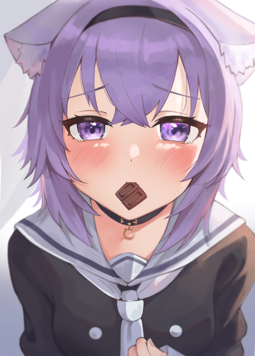 1girl absurdres animal_ears ayama_nano black_shirt blush cat_ears chocolate collar eyebrows_visible_through_hair gradient gradient_background hand_on_own_chest happy_tears highres hololive long_sleeves looking_at_viewer mouth_hold neckerchief nekomata_okayu purple_hair sailor_collar school_uniform serafuku shirt short_hair smile solo tearing_up tears upper_body valentine violet_eyes virtual_youtuber white_background white_neckerchief white_sailor_collar