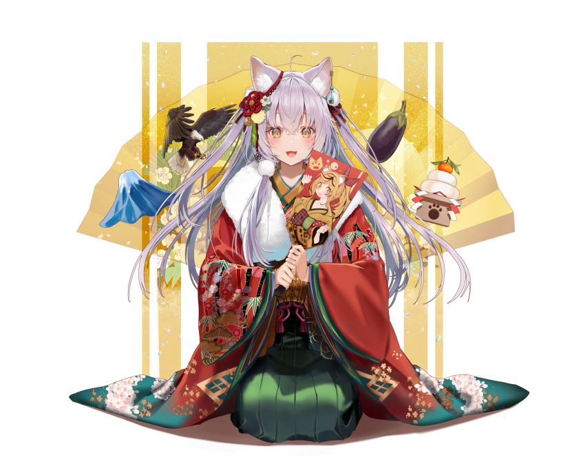 1girl :3 :d absurdres ahoge alpha_transparency animal_ear_fluff animal_ears aqua_kimono bangs bell bird blush brown_eyes cat_ears cat_girl character_print commentary_request eagle eggplant floral_print flower folding_fan food fruit full_body fur-trimmed_kimono fur_collar fur_trim green_skirt hagoita hair_bell hair_between_eyes hair_flower hair_ornament hand_fan happy_new_year highres holding holding_paddle japanese_clothes jingle_bell kagami_mochi kimono layered_clothing layered_kimono long_hair long_sleeves looking_at_viewer multicolored_clothes multicolored_kimono new_year obi open_mouth orange_(fruit) original paddle paper_fan pleated_skirt pom_pom_(clothes) print_kimono purple_hair red_kimono sash seiza shadow shide shimofuri shiny shiny_clothes sitting skirt smile solo straight-on transparent_background wide_sleeves