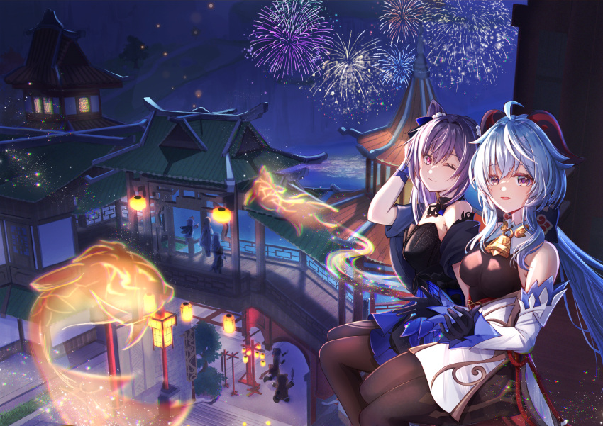 6+girls adjusting_hair architecture arm_up bangs bare_shoulders black_dress black_gloves black_legwear blue_hair bodysuit detached_sleeves dress east_asian_architecture fireworks fish flying_fish ganyu_(genshin_impact) genshin_impact gloves goat_horns guoba_(genshin_impact) hair_cones hand_in_hair highres horns keqing_(genshin_impact) keqing_(opulent_splendor)_(genshin_impact) lantern lantern_festival long_hair looking_at_viewer lumine_(genshin_impact) multiple_girls night night_sky one_eye_closed open_mouth paimon_(genshin_impact) pantyhose paper_lantern pearl_hair_ornament purple_hair shenhe_(genshin_impact) shiroichigo sitting sky sky_lantern smile twintails violet_eyes white_sleeves wide_sleeves xiangling_(genshin_impact)