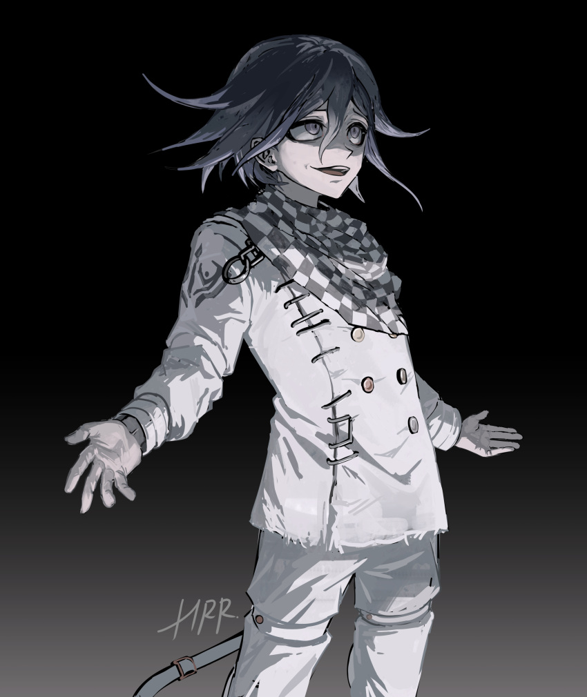 1boy :d absurdres bangs black_background buttons checkered_clothes checkered_scarf danganronpa_(series) danganronpa_v3:_killing_harmony double-breasted feet_out_of_frame flipped_hair gradient gradient_background grey_background grey_pants harari highres long_sleeves male_focus ouma_kokichi pants scarf short_hair smile solo teeth upper_teeth