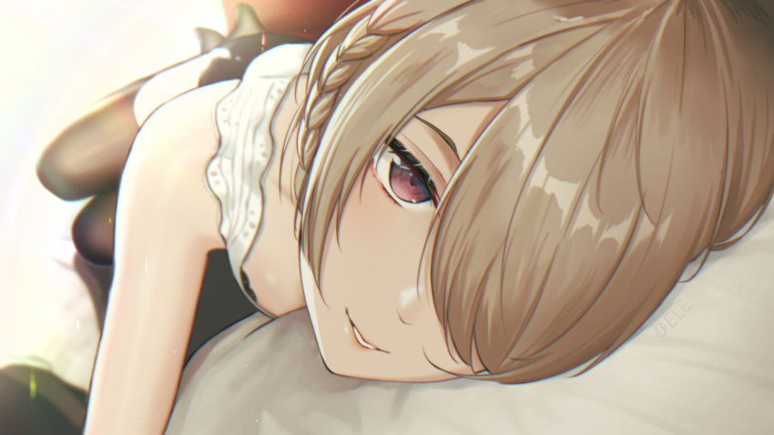 1girl bangs bare_shoulders black_bra black_legwear black_shorts bra braid breasts brown_hair dutch_angle eleaaa hair_over_one_eye highres honkai_(series) honkai_impact_3rd lace-trimmed_bra lace_trim large_breasts lipstick looking_at_viewer lying makeup on_bed on_side out_of_frame parted_lips rita_rossweisse short_hair shorts smile soles solo sunlight thigh-highs twitter_username underwear violet_eyes watermark