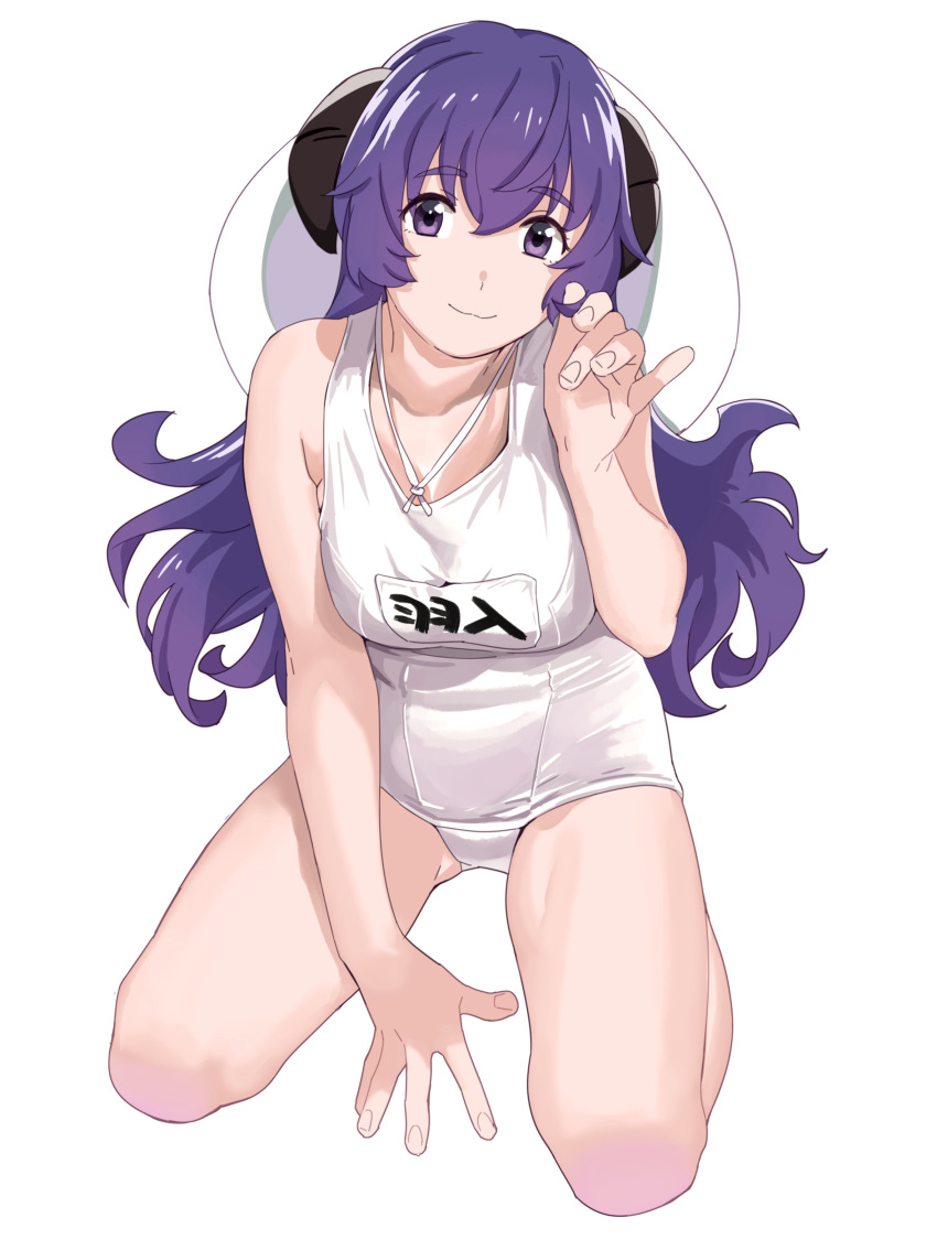 1girl absurdres breasts character_name collarbone commentary_request full_body hanyuu hat highres higurashi_no_naku_koro_ni horns long_hair medium_breasts name_tag ojipon purple_hair school_swimsuit simple_background smile solo sun_hat swimsuit violet_eyes white_background white_swimsuit