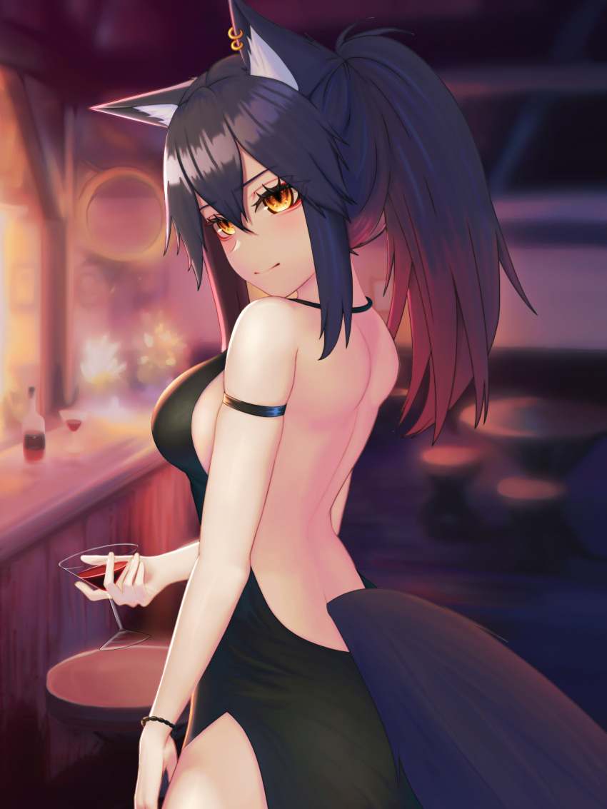 1girl absurd_fox absurdres alternate_costume animal_ear_fluff animal_ears arknights arm_strap backless_dress backless_outfit backlighting bangs bar black_dress black_hair blush bracelet breasts closed_mouth cowboy_shot cup dress drink drinking_glass ear_piercing eyebrows_visible_through_hair from_side gradient_hair highres holding holding_cup indoors jewelry looking_at_viewer looking_to_the_side medium_breasts multicolored_hair orange_eyes piercing redhead sideboob sidelocks skindentation smile solo tail texas_(arknights) wolf_ears wolf_girl wolf_tail