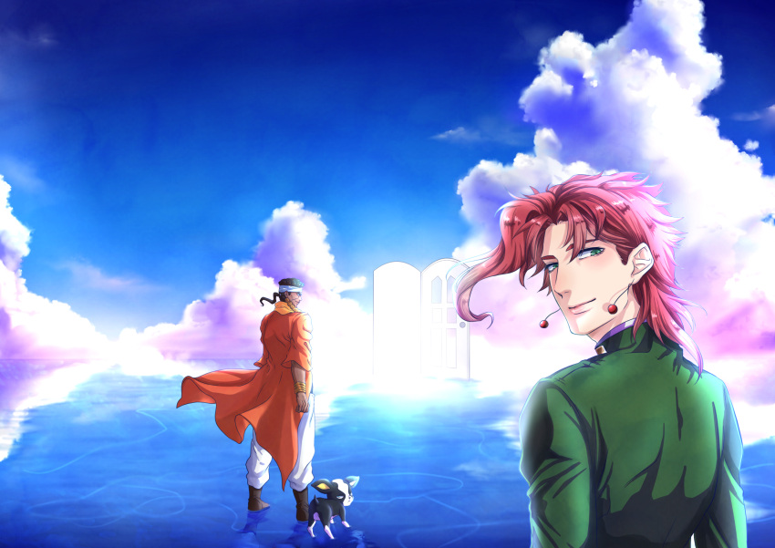 2boys black_hair boston_terrier clouds dark-skinned_male dark_skin dog door earrings gakuran headband highres iggy_(jojo) jewelry jojo_no_kimyou_na_bouken kakyoin_noriaki mohammed_avdol multiple_boys ponytail redhead reflective_floor robe school_uniform sky smile stardust_crusaders walking walking_on_liquid yomi_(valshe96nekopiko)