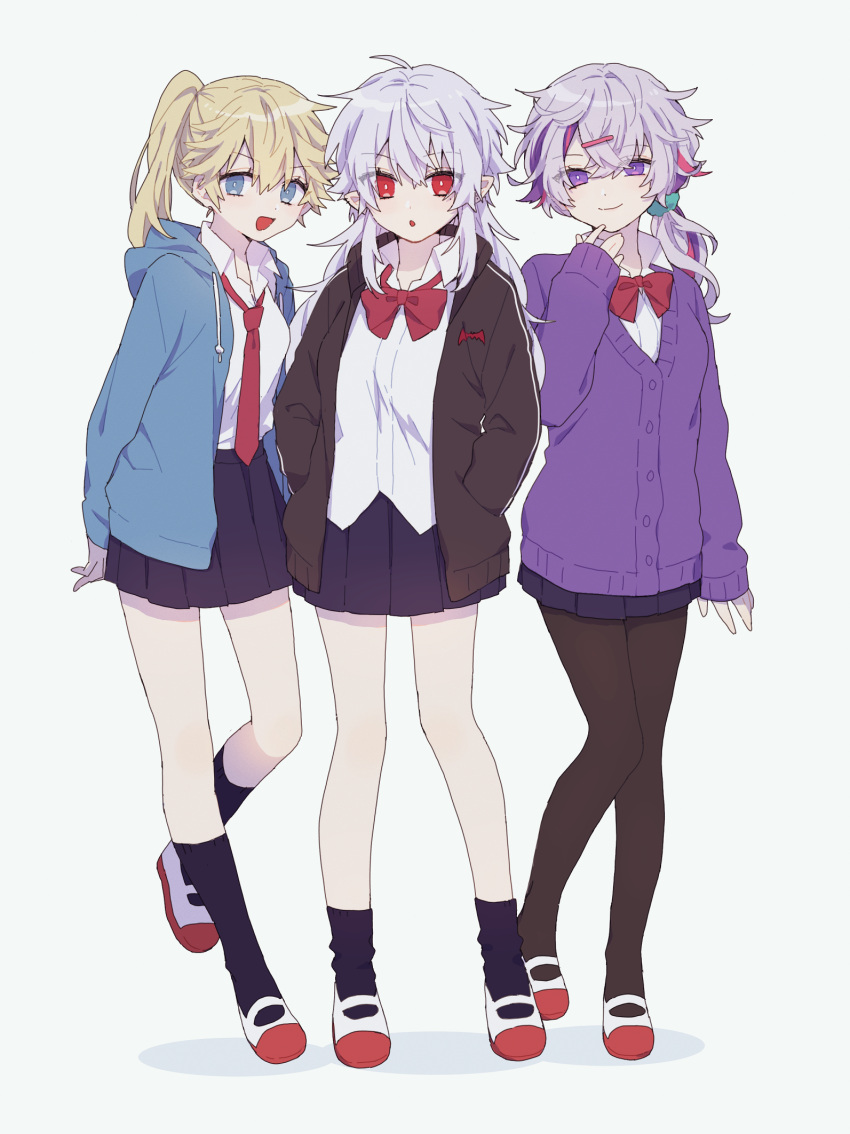 3girls blonde_hair blue_eyes ex_albio full_body fuwa_minato genderswap genderswap_(mtf) highres kuzuha_(nijisanji) long_hair mole mole_under_eye multicolored_hair multiple_girls nekojiri nijisanji pale_skin pink_hair pointy_ears purple_hair red_eyes violet_eyes virtual_youtuber white_hair