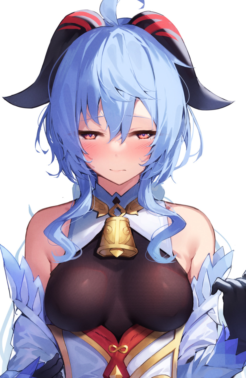 1girl ahoge bangs bare_shoulders bell black_gloves blue_hair blush breasts closed_mouth commentary_request detached_sleeves eyebrows_visible_through_hair ganyu_(genshin_impact) genshin_impact gloves highres horns keienu0 long_hair long_sleeves looking_at_viewer medium_breasts neck_bell red_eyes reward_available sidelocks simple_background solo underbust upper_body white_background