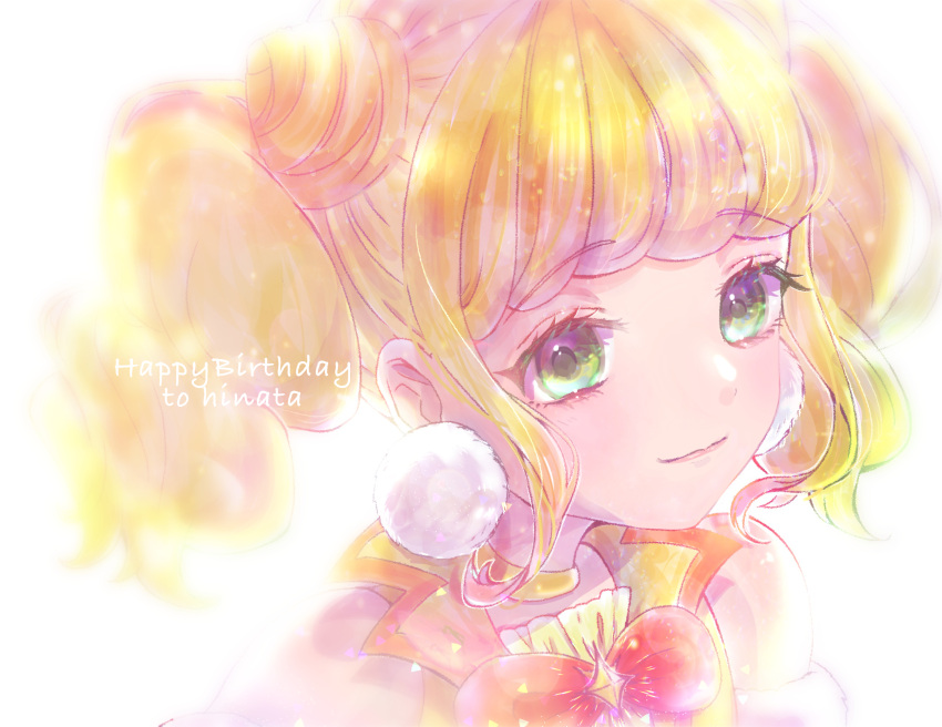 1girl ap_(pixiv74197750) bangs blonde_hair character_name choker closed_mouth cure_sparkle earrings eyebrows_visible_through_hair green_eyes hair_bun happy_birthday healin'_good_precure highres jewelry long_hair portrait precure shiny shiny_hair solo twintails yellow_choker
