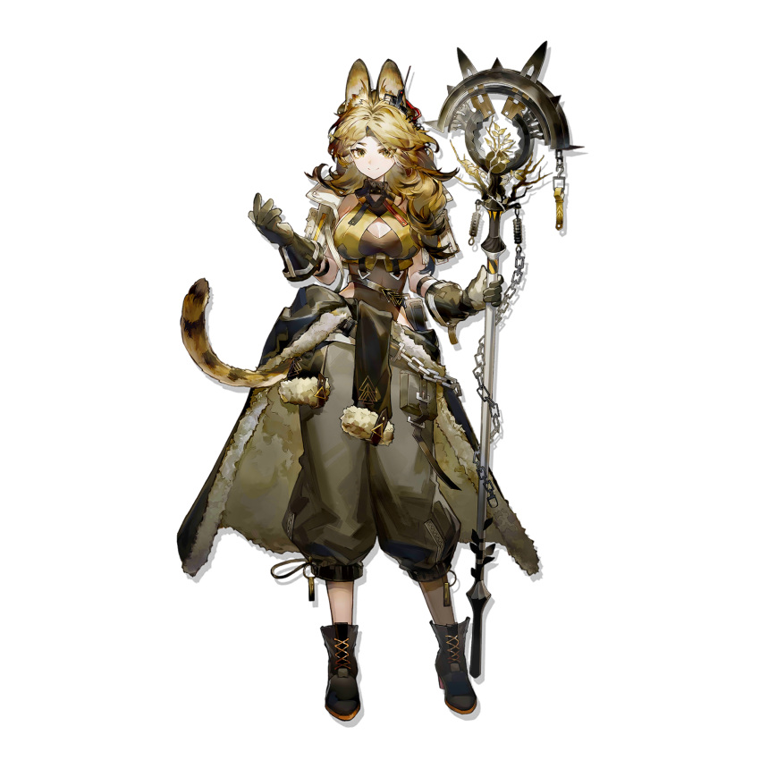 1girl animal_ears arknights bangs black_footwear black_gloves black_pants boots breasts brown_eyes brown_hair cat_ears chain cleavage_cutout clothing_cutout full_body gloves highres holding holding_staff large_breasts long_hair looking_at_viewer official_art pants pouch quercus_(arknights) smile solo staff standing transparent_background yuji_(fantasia)