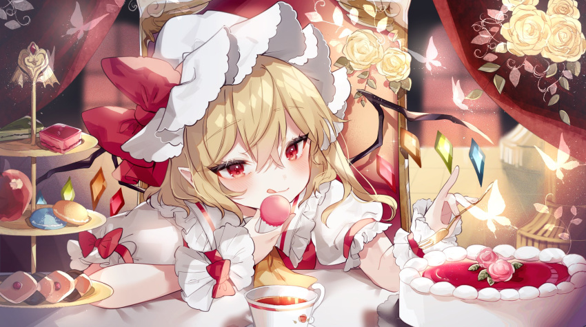1girl :q arm_garter arm_strap blonde_hair bow bug butterfly cake chair commentary_request cup dessert eyebrows_visible_through_hair flandre_scarlet flower food fork frilled_shirt_collar frills glowing_butterfly hat hat_bow highres holding holding_food holding_fork icing indoors light_particles macaron mob_cap one_side_up pastry puffy_sleeves red_bow red_eyes red_vest rose shirt short_hair sitting solo sorani_(kaeru0768) table teacup tongue tongue_out touhou vest white_headwear white_shirt wings wrist_bow wrist_cuffs yellow_flower yellow_rose