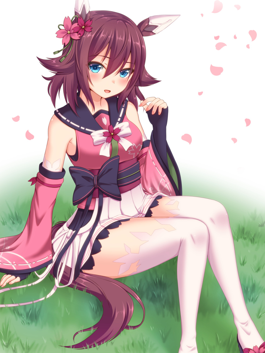 1girl :d animal_ears bangs bare_shoulders black_gloves blue_eyes blush breasts brown_hair commentary_request detached_sleeves eyebrows_visible_through_hair feet_out_of_frame fingerless_gloves flower gloves hair_between_eyes hair_flower hair_ornament hanazome_dotera hand_up highres horse_ears horse_girl horse_tail japanese_clothes kimono knees_together_feet_apart knees_up long_sleeves looking_at_viewer medium_breasts nail_polish petals pink_flower pink_kimono pink_nails pink_sleeves pleated_skirt red_flower sakura_chiyono_o_(umamusume) skirt sleeveless sleeveless_kimono smile solo tail thigh-highs umamusume white_legwear white_skirt wide_sleeves