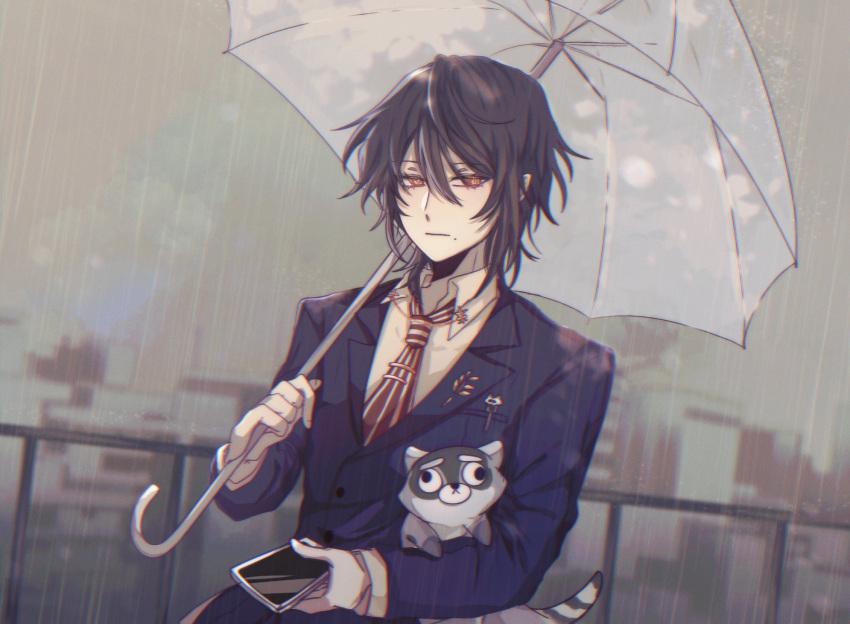 1boy 3di_project amel3di building collared_shirt formal heterochromia highres long_sleeves male_focus mole mole_under_mouth pointy_ears raccoon rain red_eyes shirt solo suit umbrella vici_(3di) virtual_youtuber