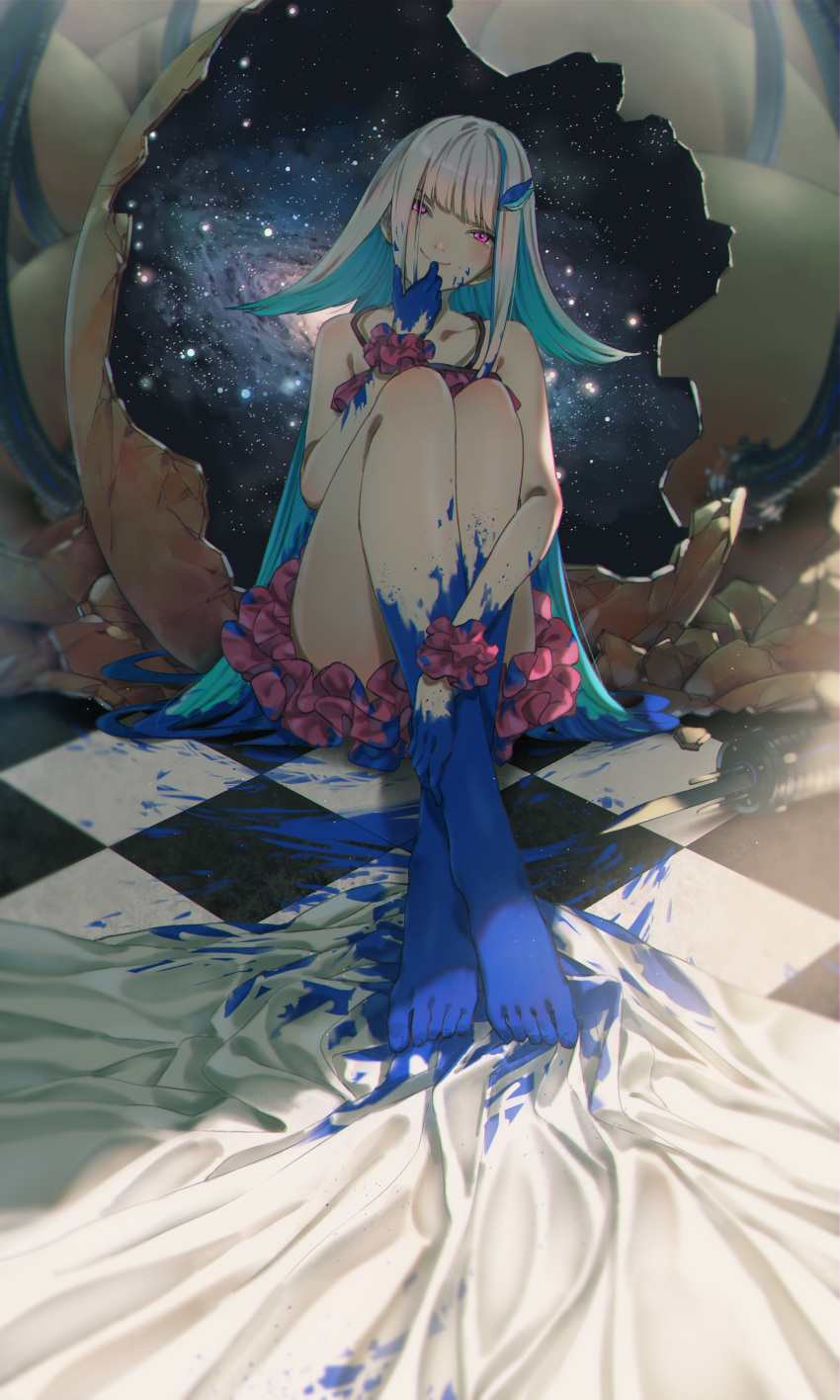 1girl absurdres bangs bare_arms bare_legs barefoot blue_hair blunt_bangs closed_mouth commentary_request crossed_legs dress egg eggshell feet frilled_dress frills hand_to_own_mouth head_tilt highres knees_up legs_together lize_helesta long_hair mochi_(m0chi0000) multicolored_hair nijisanji paint_on_body paint_splatter paint_splatter_on_face pink_eyes red_dress scrunchie sidelocks silver_hair smile solo space tile_floor tiles toes very_long_hair virtual_youtuber wrist_scrunchie