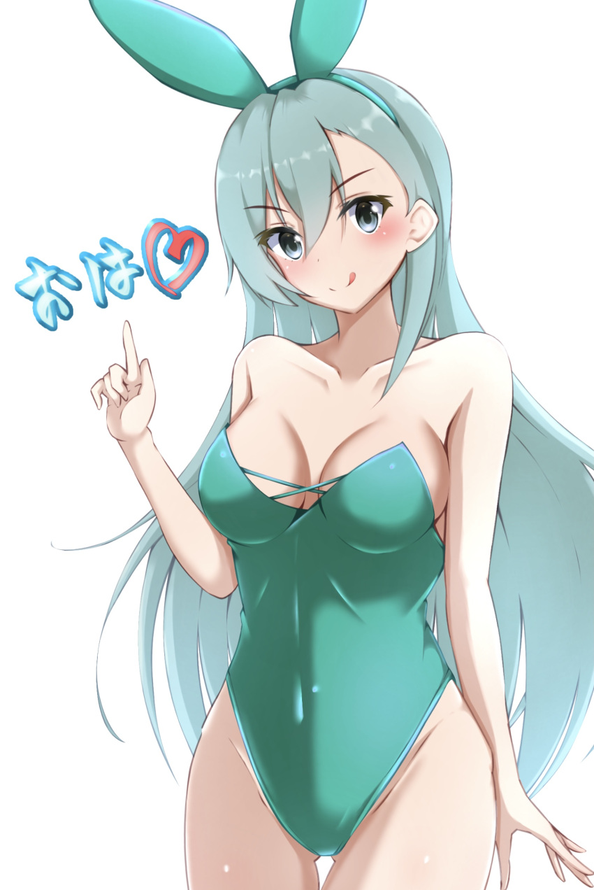 1girl absurdres animal_ears blush breasts breasts_apart closed_mouth cowboy_shot eyebrows_visible_through_hair fake_animal_ears green_eyes green_hair green_leotard hair_between_eyes highres honma_(honmatomohiro) kantai_collection large_breasts leotard looking_at_viewer playboy_bunny rabbit_ears simple_background smile solo suzuya_(kancolle) tongue tongue_out white_background