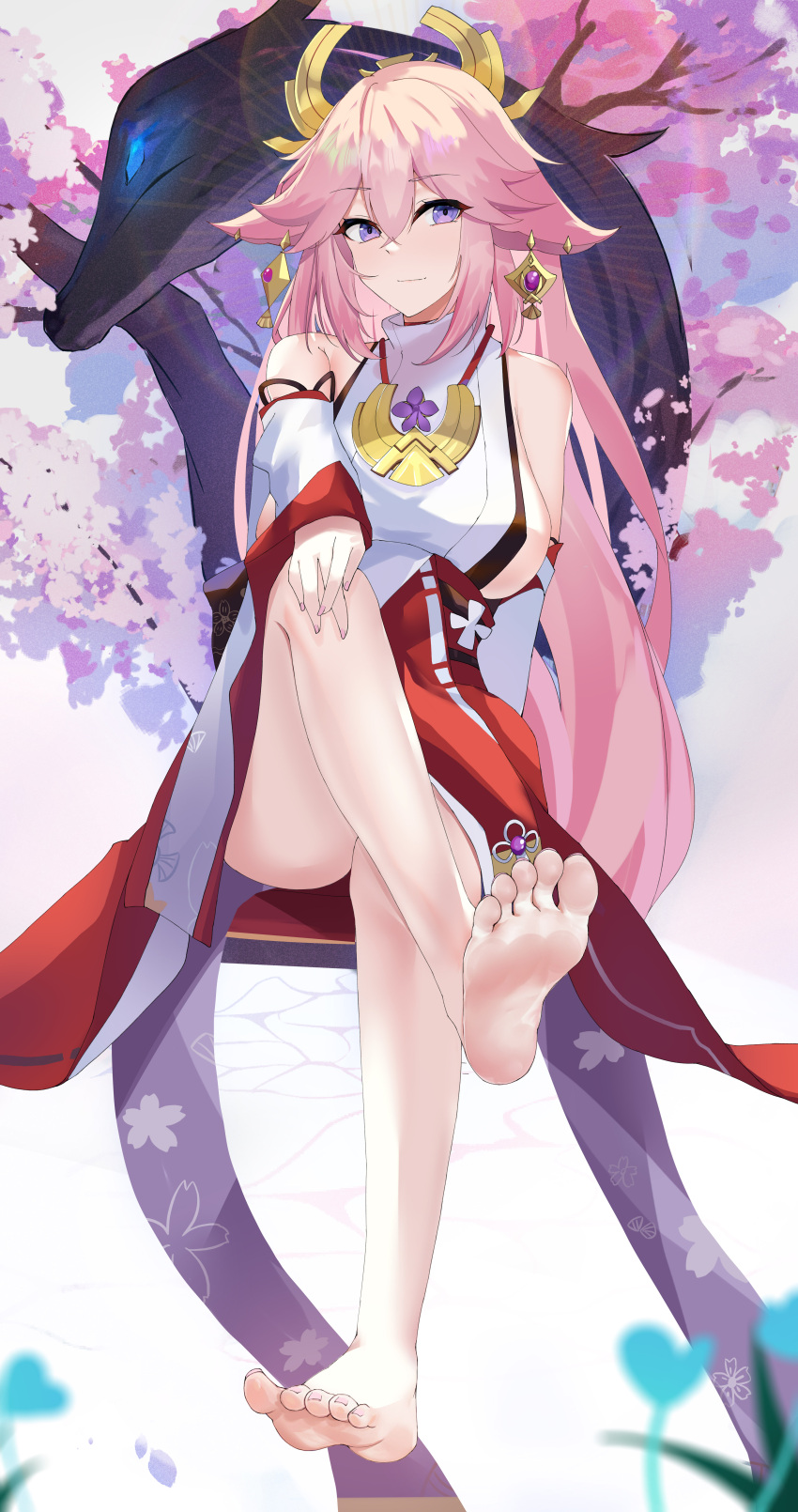 1girl absurdres animal_ears bangs bare_shoulders barefoot blush breasts detached_sleeves feet fox_ears genshin_impact hair_ornament highres japanese_clothes jewelry kimono large_breasts legs long_hair looking_at_viewer musicatopos necklace pendant pink_hair red_skirt sidelocks skirt sleeveless sleeveless_kimono smile soles solo toes very_long_hair violet_eyes white_kimono wide_sleeves yae_miko