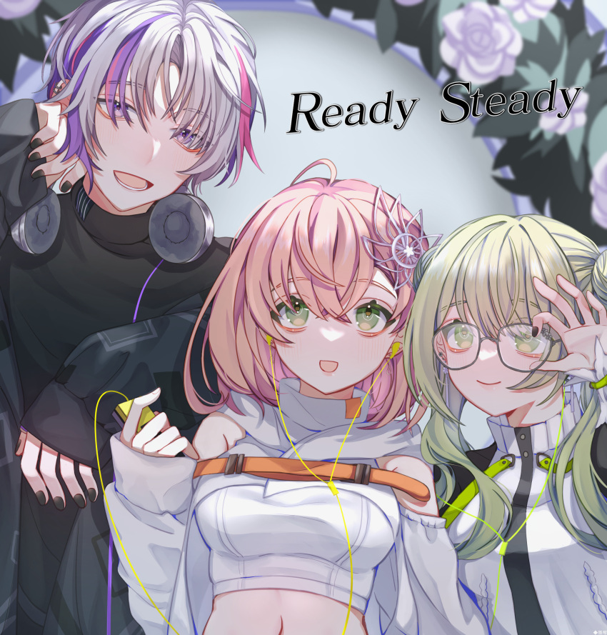 1boy 2girls ear_piercing earrings fuwa_minato glasses green_eyes green_hair highres honma_himawari jewelry morinaka_kazaki multicolored_hair multiple_girls nijisanji pale_skin piercing pink_hair purple_hair virtual_youtuber white_hair xia_moqin