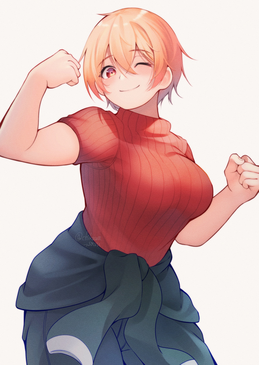 1girl ;) blonde_hair blue_period breasts chikuwa_savy clenched_hand clothes_around_waist cowboy_shot eyebrows_visible_through_hair flexing highres jacket jacket_around_waist large_breasts looking_at_viewer miki_kinemi one_eye_closed pose red_eyes red_sweater short_hair short_sleeves smile solo sweater turtleneck turtleneck_sweater