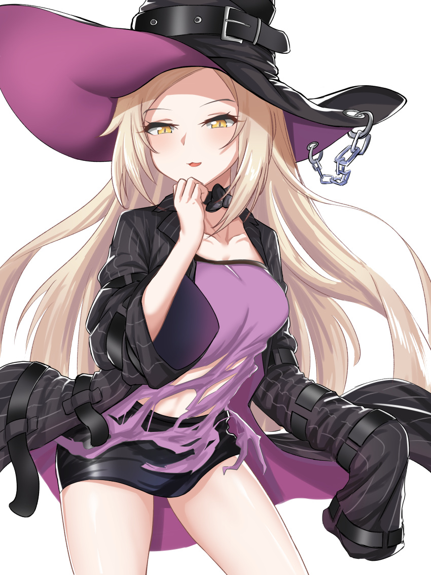 1girl :3 :d absurdres bangs belt black_skirt blonde_hair breasts chain collarbone counter:side cowboy_shot eyebrows_visible_through_hair forehead hand_up hat highres jacket korean_commentary large_hat legs_apart light_blush long_hair long_sleeves miniskirt open_mouth parted_bangs royalmonkey shaded_face shirt simple_background skirt sleeves_past_wrists slit_pupils smile solo striped striped_jacket thighs torn_clothes torn_shirt vertical-striped_jacket vertical_stripes white_background wide_sleeves witch_hat yellow_background