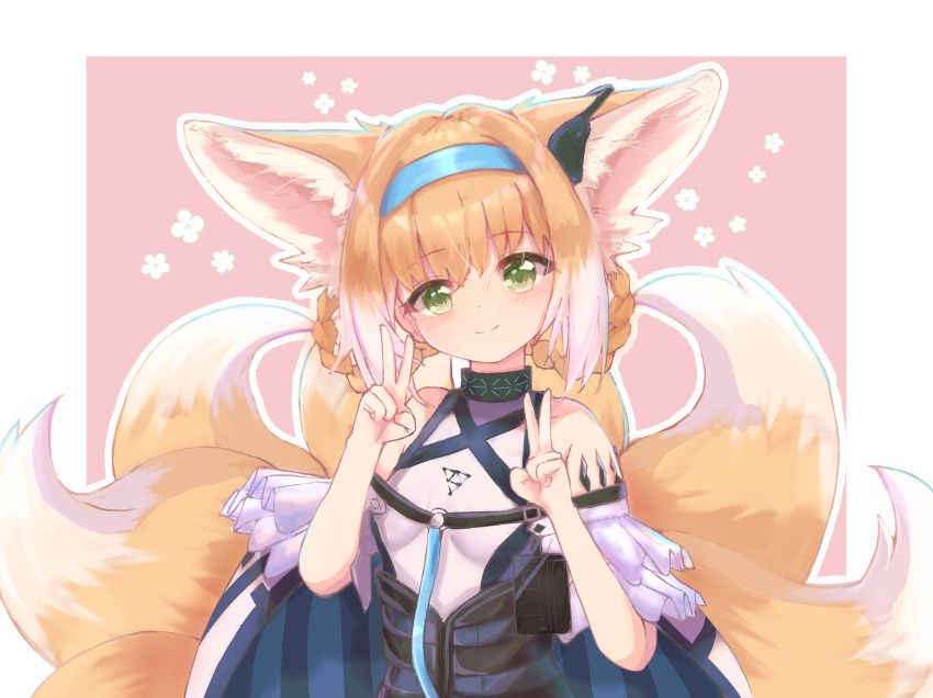 1girl animal_ears arknights bangs bare_shoulders blue_hairband blush braid chrocatz closed_mouth double_v eyebrows_visible_through_hair floral_background fox_ears fox_girl fox_tail green_eyes hair_rings hairband hands_up head_tilt highres kitsune looking_at_viewer outline pink_background shirt smile solo suzuran_(arknights) tail twin_braids two-tone_background v white_background white_outline white_shirt