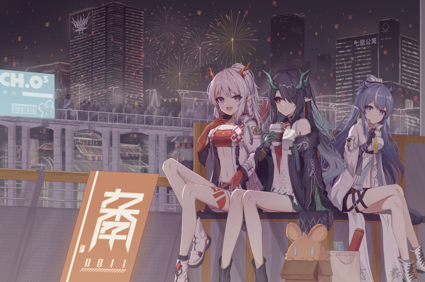 3girls 9malefi9 :d absurdres arknights bandeau bangs bare_legs black_coat blue_hair city coat commentary_request crowd dress dusk_(arknights) fireworks great_lungmen_logo highres horns ling_(arknights) long_hair looking_at_viewer midriff multiple_girls navel nian_(arknights) off_shoulder open_clothes open_coat outdoors pointy_ears shoes siblings silver_hair sisters sleeveless sleeveless_dress smile stomach strapless tube_top violet_eyes white_coat white_dress white_footwear