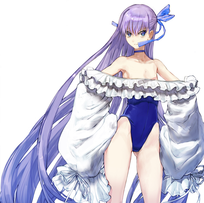 1girl absurdres bangs blue_eyes blue_swimsuit casual_one-piece_swimsuit collarbone cowboy_shot fate/grand_order fate_(series) flat_chest frilled_swimsuit frills highleg highleg_swimsuit highres imu_(c68722209) long_hair looking_at_viewer meltryllis_(fate) meltryllis_(swimsuit_lancer)_(fate) off-shoulder_one-piece_swimsuit off_shoulder one-piece_swimsuit purple_hair simple_background sleeves_past_fingers sleeves_past_wrists solo swimsuit very_long_hair white_background