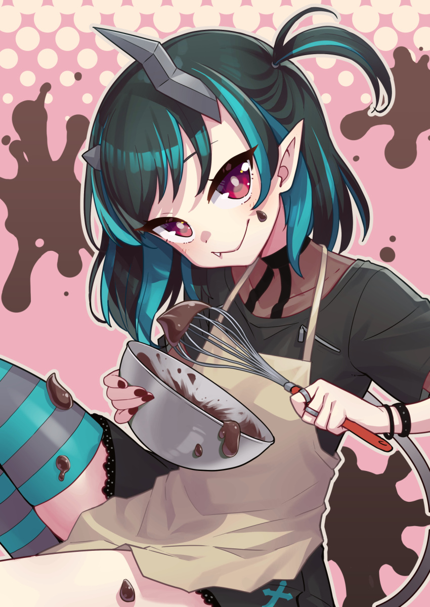 1girl apron bangs black_dress black_hair blue_hair blue_legwear blush brown_apron chocolate closed_mouth commentary_request demon_girl demon_horns demon_tail dress fang fang_out feet_out_of_frame flat_chest grey_legwear head_tilt heebee highres horns looking_at_viewer medium_hair multicolored_hair official_alternate_costume pink_background pointy_ears red_eyes shishio_chris side_ponytail smile solo striped striped_legwear sugar_lyric tail two-tone_hair virtual_youtuber whisk