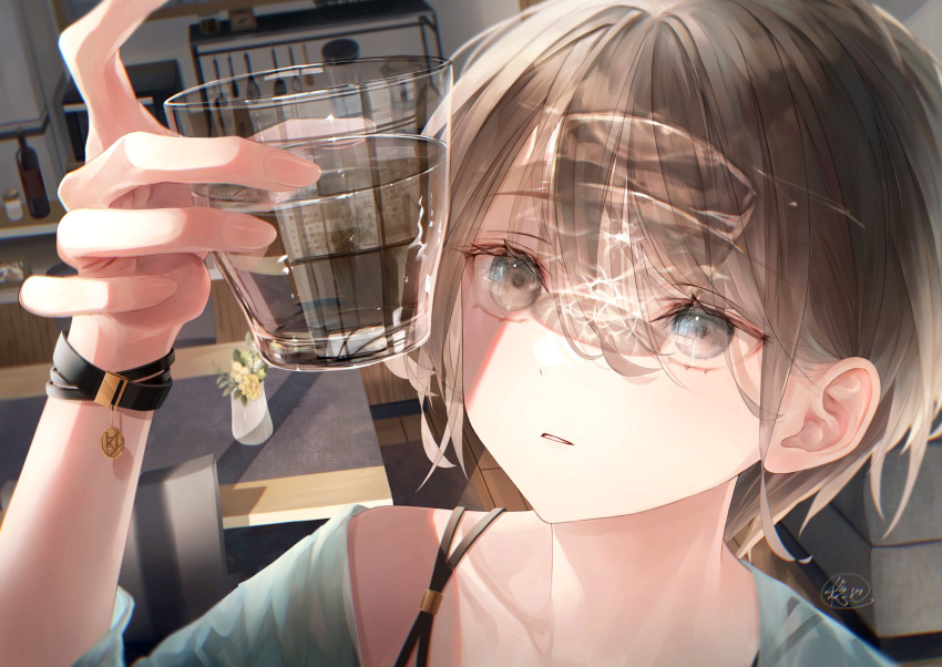 1girl arm_up bangs bra_strap bracelet brown_hair commentary_request cup drinking_glass eyebrows_visible_through_hair hair_between_eyes highres holding holding_cup indoors jewelry long_sleeves looking_away looking_up nyaon_oekaki original parted_lips plant potted_plant shirt short_hair signature solo water