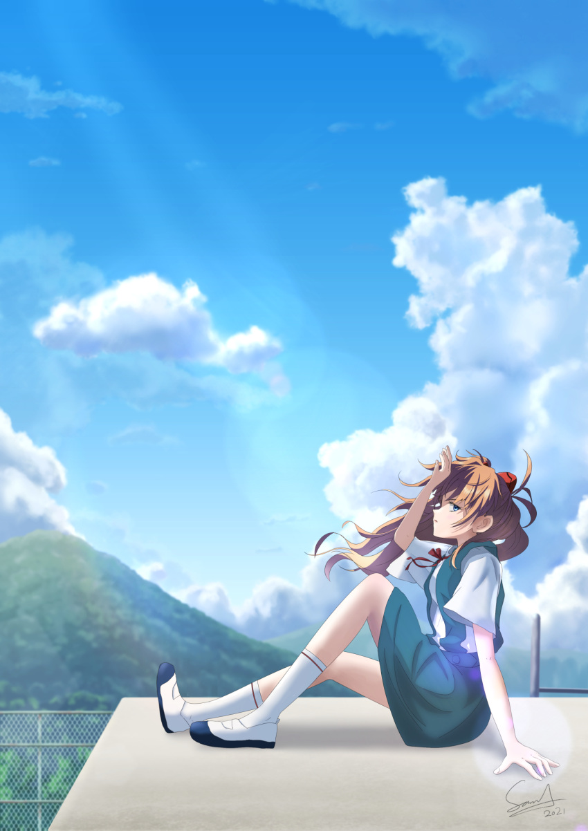 1girl akiranogo2000 arm_support blue_eyes blue_sky brown_hair chain-link_fence clouds fence forest hand_on_forehead highres interface_headset kneehighs long_hair looking_at_viewer mountainous_horizon nature neck_ribbon neon_genesis_evangelion ribbon rooftop school_uniform shirt signature skirt sky solo souryuu_asuka_langley suspender_skirt suspenders two_side_up white_footwear white_shirt