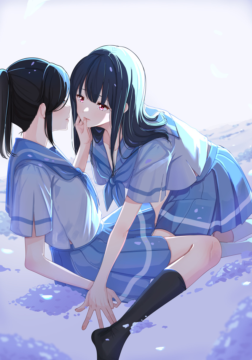 2girls absurdres azusa_zilu black_hair blue_sailor_collar blush dark_blue_hair face-to-face grabbing_another's_chin hand_on_another's_chin hibike!_euphonium highres holding_hands imminent_kiss kasaki_nozomi kitauji_high_school_uniform liz_to_aoi_tori long_hair medium_hair multiple_girls neckerchief ponytail red_eyes sailor_collar school_uniform yoroizuka_mizore yuri