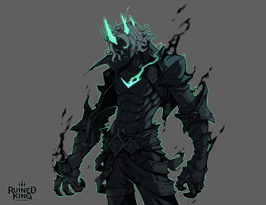 1boy abs angry armor bangs black_skin clenched_teeth collarbone colored_skin cowboy_shot cropped_jacket crown gauntlets glowing glowing_eyes grey_background grey_hair hicham_habchi highres jacket league_of_legends navel no_shirt official_art open_clothes open_jacket pants ruined_king:_a_league_of_legends_story short_hair shoulder_armor simple_background solo teeth viego_(league_of_legends)