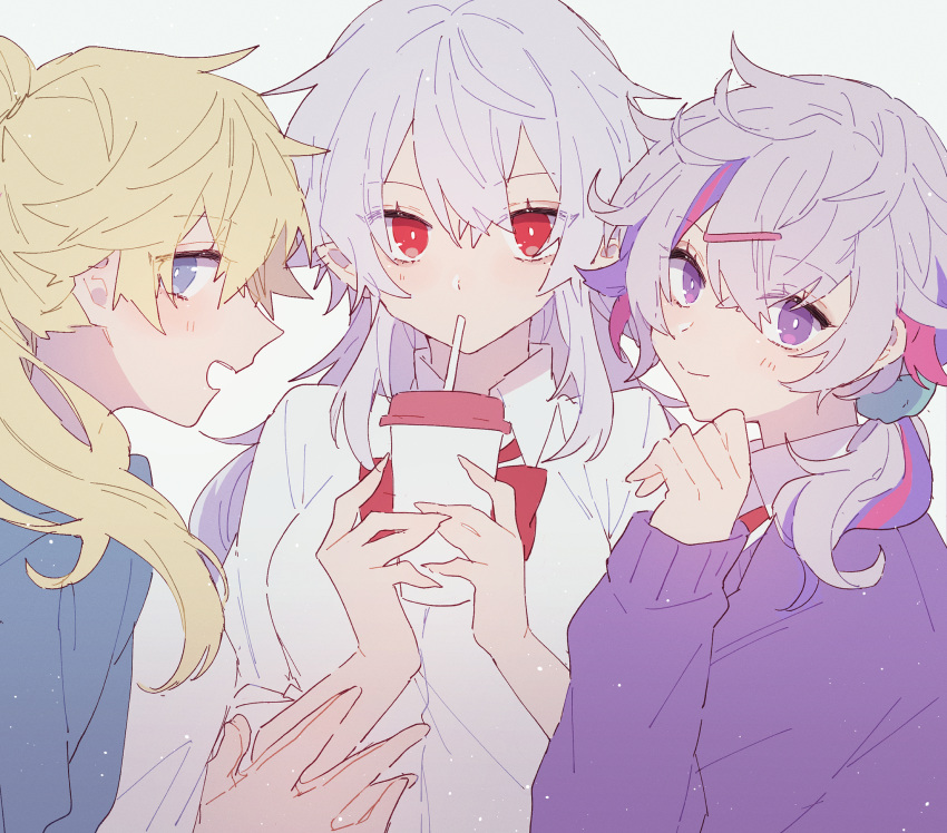 3girls blonde_hair blue_eyes ex_albio fuwa_minato genderswap genderswap_(mtf) highres kuzuha_(nijisanji) looking_at_viewer multicolored_hair multiple_girls nekojiri nijisanji pale_skin pink_hair pointy_ears purple_hair red_eyes vampire violet_eyes virtual_youtuber white_hair