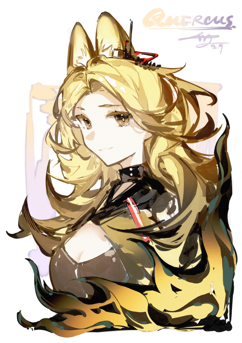 1girl absurdres animal_ears arknights black_shirt blonde_hair cape cat_ears character_name chinese_commentary commentary_request earpiece highres looking_at_viewer luan_teng parted_lips quercus_(arknights) shirt signature smile solo upper_body white_background yellow_cape yellow_eyes
