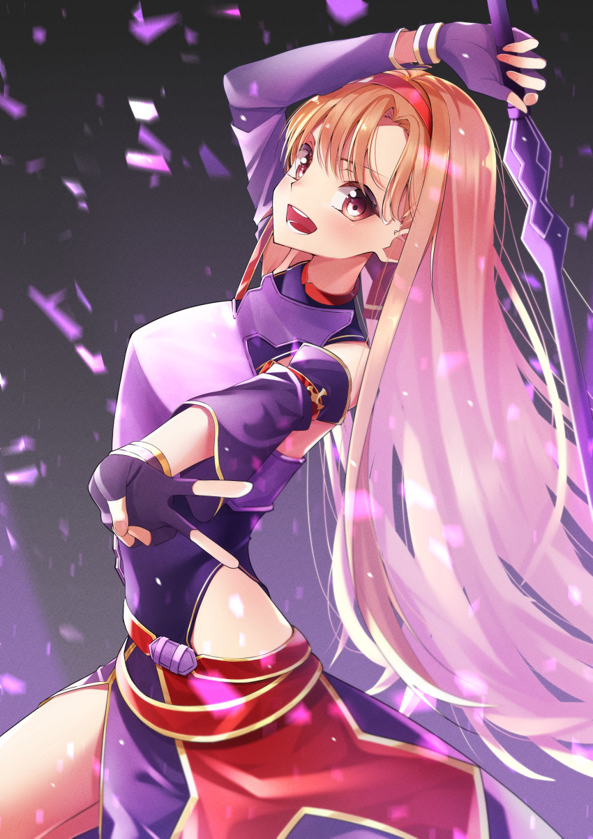 1girl :d absurdres arm_up armor asuna_(sao) bare_hips blush breastplate brown_eyes brown_hair cosplay detached_sleeves fingerless_gloves gloves hairband highres holding holding_sword holding_weapon long_hair long_sleeves looking_at_viewer open_mouth purple_gloves purple_skirt purple_sleeves red_hairband sarasara_shoyu side_slit skirt smile solo standing sword sword_art_online very_long_hair weapon yuuki_(sao) yuuki_(sao)_(cosplay)