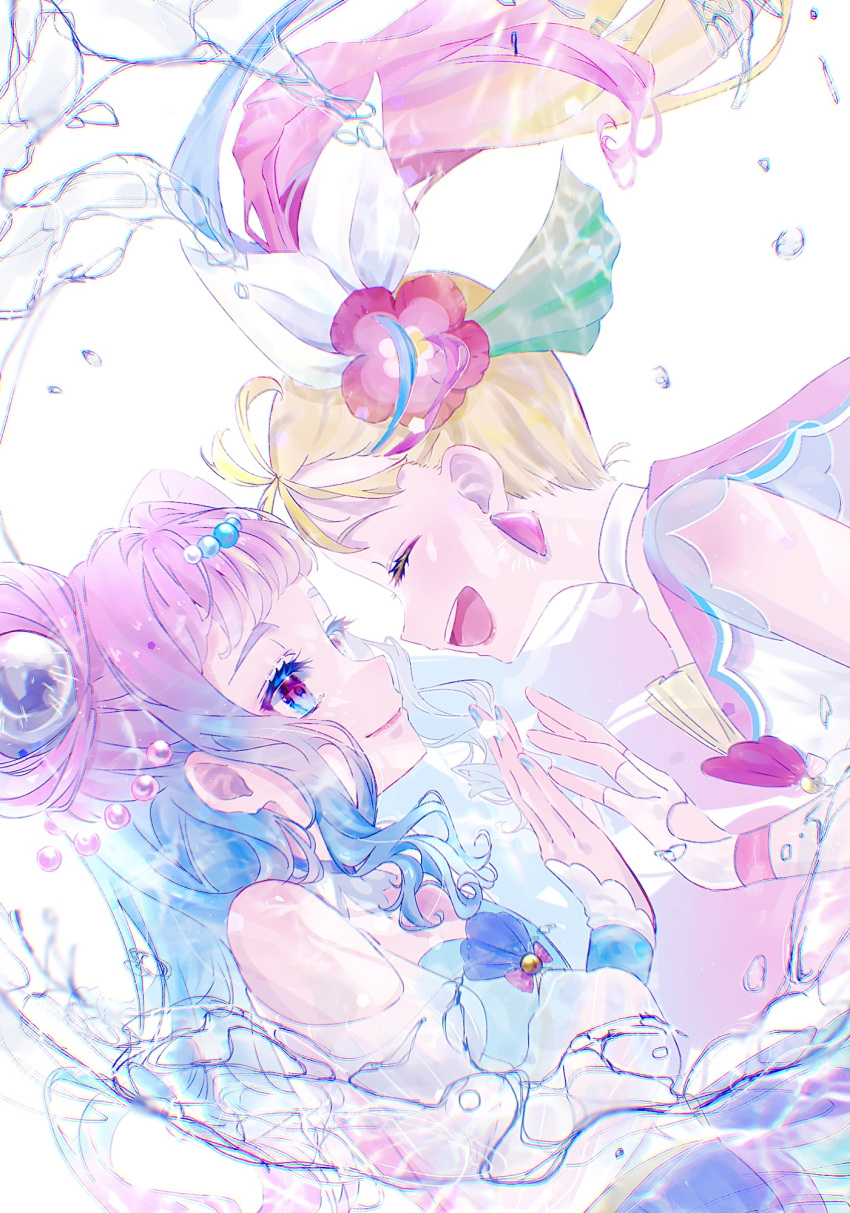2girls :d ap_(pixiv74197750) blonde_hair blue_eyes blue_hair blue_nails closed_eyes closed_mouth clothing_cutout cure_la_mer cure_summer earrings fingerless_gloves floating_hair flower from_side gloves gradient_hair hair_flower hair_ornament heart_cutout highres jewelry laura_la_mer long_hair looking_at_another multicolored_hair multiple_girls nail_polish natsuumi_manatsu open_mouth pink_flower pink_hair precure profile sleeveless smile tropical-rouge!_precure upper_body very_long_hair white_background white_gloves